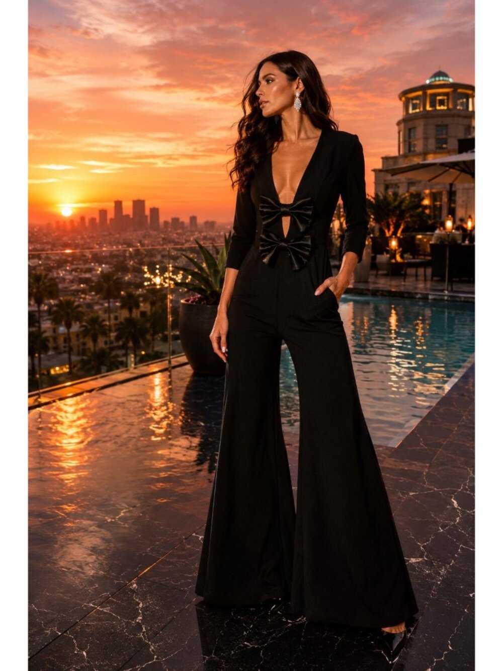 Mac Duggal IEENA Black Satin Wide-Leg Double Bow Jumpsuit Size 6 New With Tags